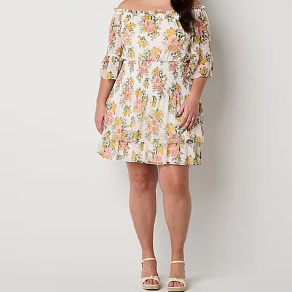 Premier Amour Off The Shoulder Women's Plus 3/4 Sleeve Floral Fit + Flare 22W